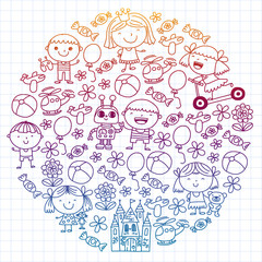 Children with toys. Colorful pattern for kindergarten posters.