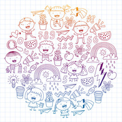 School kindergarten children. Play, learn and grow. Education and games. Cool boys and girls vector illustration.