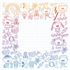 Fototapeta na wymiar School kindergarten children. Play, learn and grow. Education and games. Cool boys and girls vector illustration.