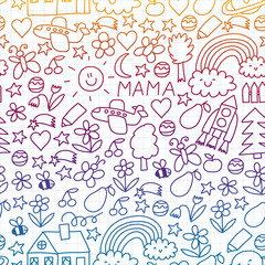 Children drawing. Colorful vector pattern with toys, space, planet