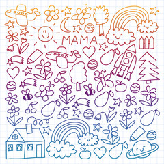 Children drawing. Colorful vector pattern with toys, space, planet