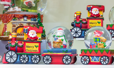 Christmas toy decoration. Santa Claus in train