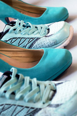 Comfort turquoise sneakers vs high heel turquoise fashion shoes on blue background.