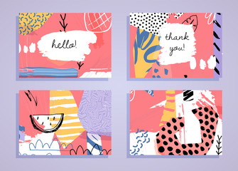 Abstract colorful collage backgrounds set. Hand drawn templates for card, flyer and invitation design. Vector illustration.