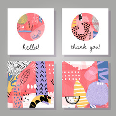 Abstract colorful backgrounds set. Hand drawn templates for card, flyer and invitation design. Vector illustration. Hello and thank you lettering.