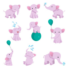 Collection of Lovely Baby Elephant Pink Animal Character in Different Poses Vector Illustration