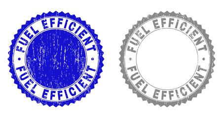 Grunge FUEL EFFICIENT stamp seals isolated on a white background. Rosette seals with grunge texture in blue and gray colors.