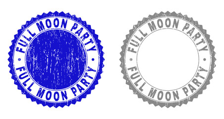 Grunge FULL MOON PARTY stamp seals isolated on a white background. Rosette seals with grunge texture in blue and gray colors. Vector rubber stamp imitation of FULL MOON PARTY tag inside round rosette.