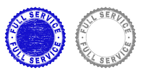 Grunge FULL SERVICE stamp seals isolated on a white background. Rosette seals with grunge texture in blue and gray colors. Vector rubber stamp imprint of FULL SERVICE label inside round rosette.