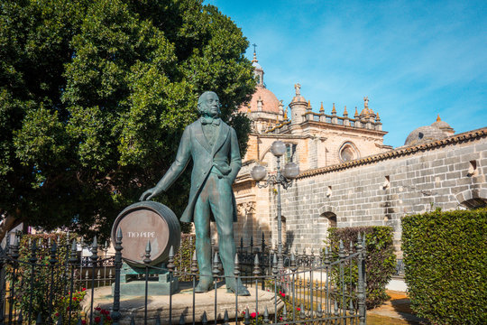 JEREZ DE LA FRONTERA, SPAIN. DECEMBER, 5-2018: Statue of Manuel Maria Gonzalez Angel (Tio Pepe) founder of the winery Gonzalez - Byass