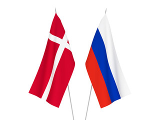 National fabric flags of Russia and Denmark isolated on white background. 3d rendering illustration.