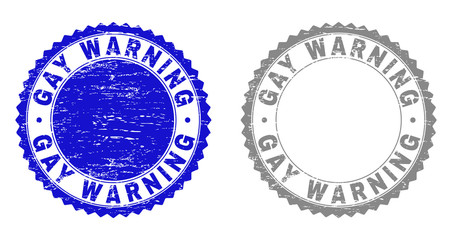Grunge GAY WARNING stamp seals isolated on a white background. Rosette seals with distress texture in blue and grey colors. Vector rubber stamp imitation of GAY WARNING text inside round rosette.
