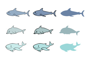 Set of various sea animal icons: whale, dolphin, shark isolated on white. Collection of smiling marine, sea, aquatic creatures of ocean. Stickers, logo, silhouettes. 