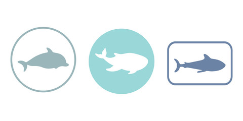 Set of various sea animal icons, logo with whale, dolphin, shark. Marine, sea, aquatic creatures sign of ocean. Stickers, emblemes. 