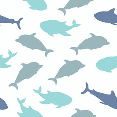 Seamless pattern with blue silhouettes of various sea animal icons: whale, dolphin, shark. Endless textures with marine, sea, aquatic creatures of ocean. 