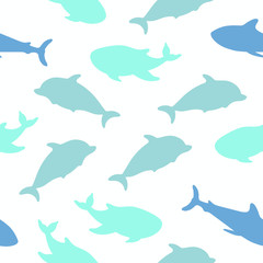 Seamless pattern with blue silhouettes of various sea animal icons: whale, dolphin, shark. Endless textures with marine, sea, aquatic creatures of ocean. Vector illustration