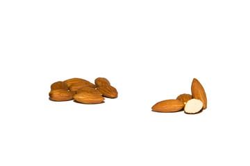Close-up of almonds. Cut almonds. On white background. Isolated.