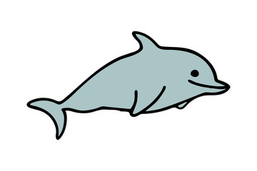 Simple icon cartoon smiling dolphin in blue color in flat style on white background. Sticker sign design. Sea silhouette. 