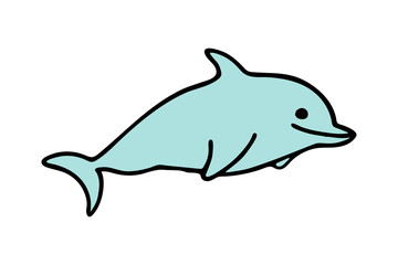 Simple icon cartoon smiling dolphin in blue color in flat style on white 