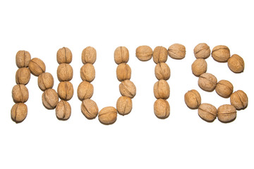 Close-up of walnut. A word made of walnuts. On white background. Isolated.