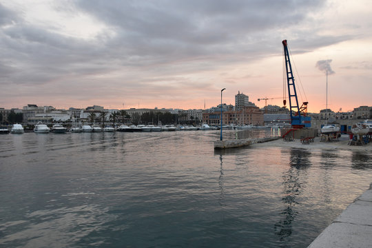 Bari, Italy at sunset: View from the Pier of Saint Antonio to Margherita Theatre, Lungomare Imperatore Augusto and to Saint Nicola pier