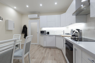Interior. Kitchen modern, white, gray, beige color