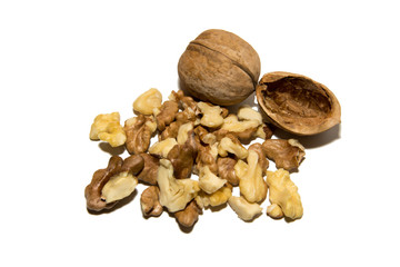 Close-up of walnut. Shell and walnut fruit. On white background. Isolated.