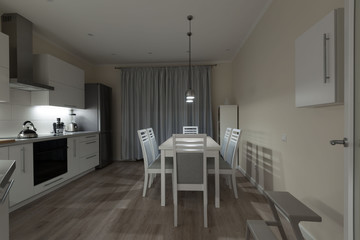 Interior. Kitchen modern, white, gray, beige color
