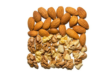 Close-up of walnut and almond. Fruits of walnuts and almonds. On white background. Isolated.