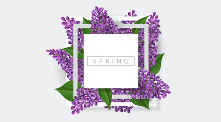White square frame with purple lilac flower and green leaf. Vector illustration for spring banner design, template for Easter, nature or romantic designs