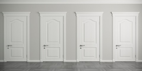 Four white classic doors on the wall