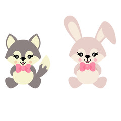 Obraz na płótnie Canvas cartoon cute bunny and wolf sits with tie vector
