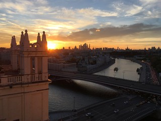 Day to Night of Moscow Kremlin and Moscow River in Autumn Sunny Evening. Russia. View from...
