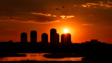Fototapeta na wymiar sunset over the Bucharest city in Romania 