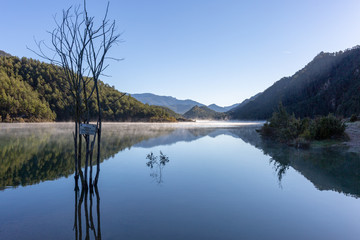 Bruma sobre el agua del pantano un día de otoño