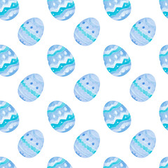 Blue ornate Easter eggs Watercolor seamless pattern