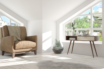 Fototapeta premium Idea of white stylish minimalist room with armchair and summer landscape in window. Scandinavian interior design. 3D illustration
