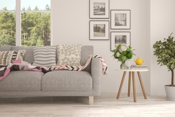 White stylish minimalist room with sofa and summer landscape in window. Scandinavian interior design. 3D illustration