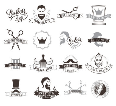 Set of vintage barbershop emblems, labels, badges, logos. Vector collection of hand drawn barbershop tools and accessories with hipster model man.