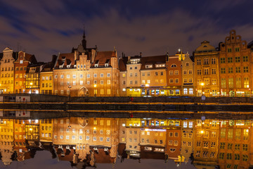Gdansk night view, Motlawa river and Old Town houses, Poland