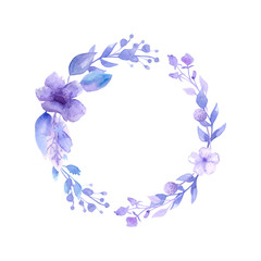 Fototapeta na wymiar Watercolor wreath of beautiful delicate lilac flowers. For decoration of wedding invitations. Freehand drawing. Spring mood.