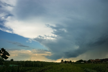Wall cloud, rain shaft and anvil of a supercell thunderstorm in the central part of Romania