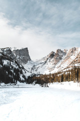 Frozen Mountain Lake with Mountains in Snow