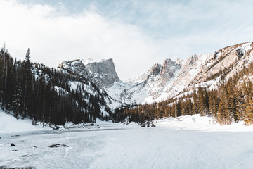 Frozen Mountain Lake with Mountains in Snow