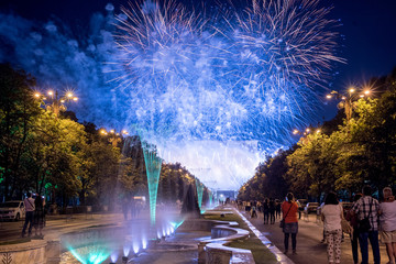 Fireworks over Bucharest night sky , Romania celebration  centenary 