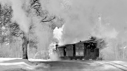 Steam train in the countryside of Romania , Bucovina county in the winter time 