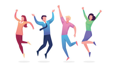Naklejka na ściany i meble Happy Jumping group of people. Healthy lifestyle, Friendship, Success, celebrating victory concept. Vector illustration