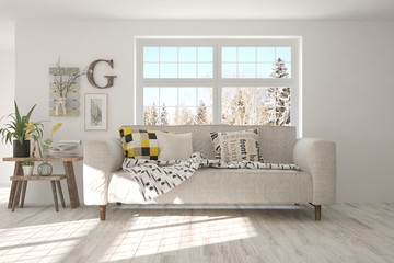 White stylish minimalist room with sofa and winter landscape in window. Scandinavian interior design. 3D illustration