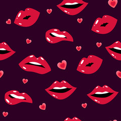 Female lips. Mouth with a kiss, smile, tongue, teeth and kiss me lettering on background. Vector comic seamless pattern in pop art retro style. Abstract seamless pattern for girls, boys, clothes.
