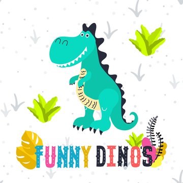 Adorable little dinosaur vector illustration for kids fashion, funny dino in cartoon style. Ideal for cards, invitations, party, banners, kindergarten, baby shower, preschool and children room
